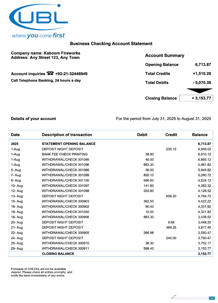 United Kingdom United Bank Ltd (UBL) company checking account statement Word and PDF template